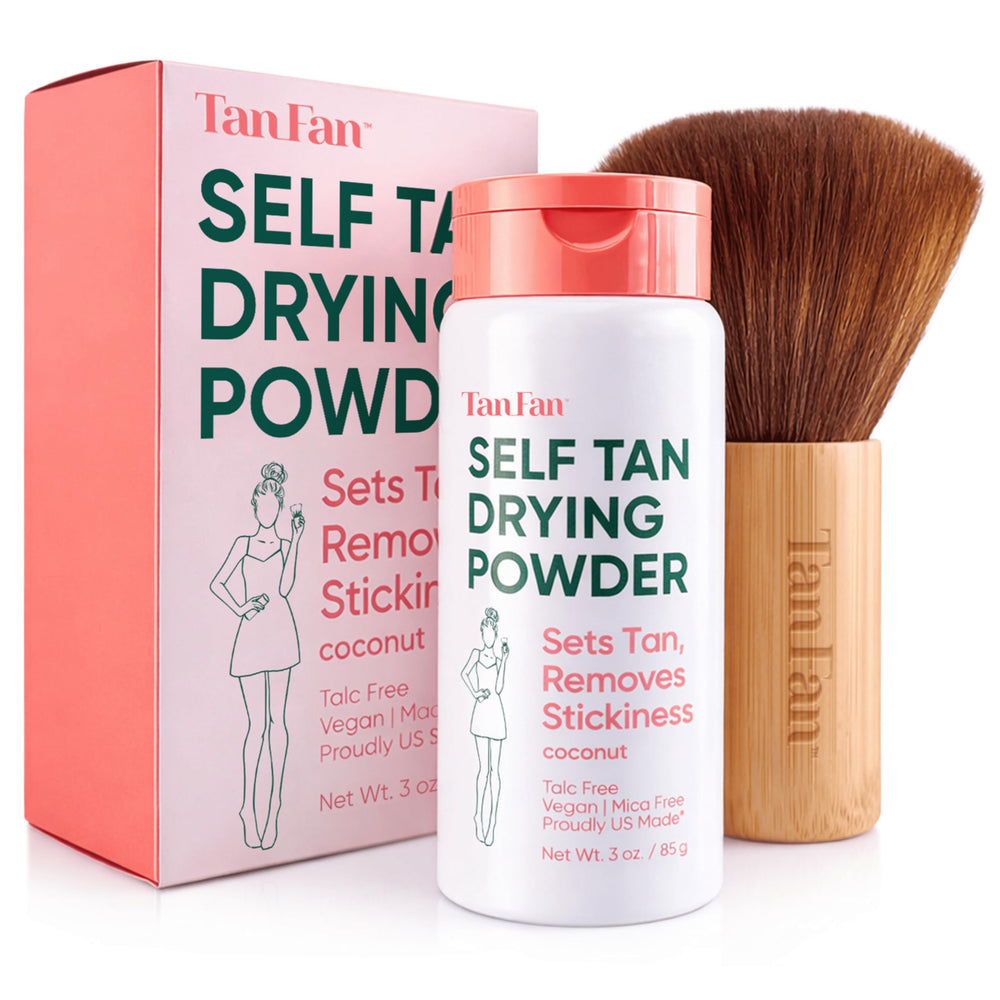 Tan Fan front packaging kit showing powder jar and brush for smoother tan feel