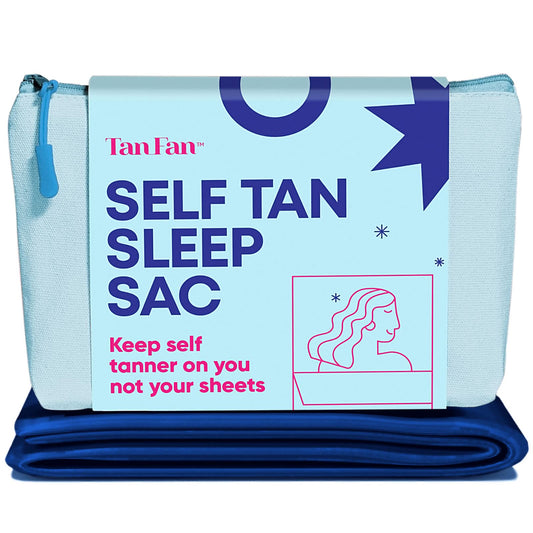 Tan Fan front view navy sleep sac showing full coverage and neat fit benefits