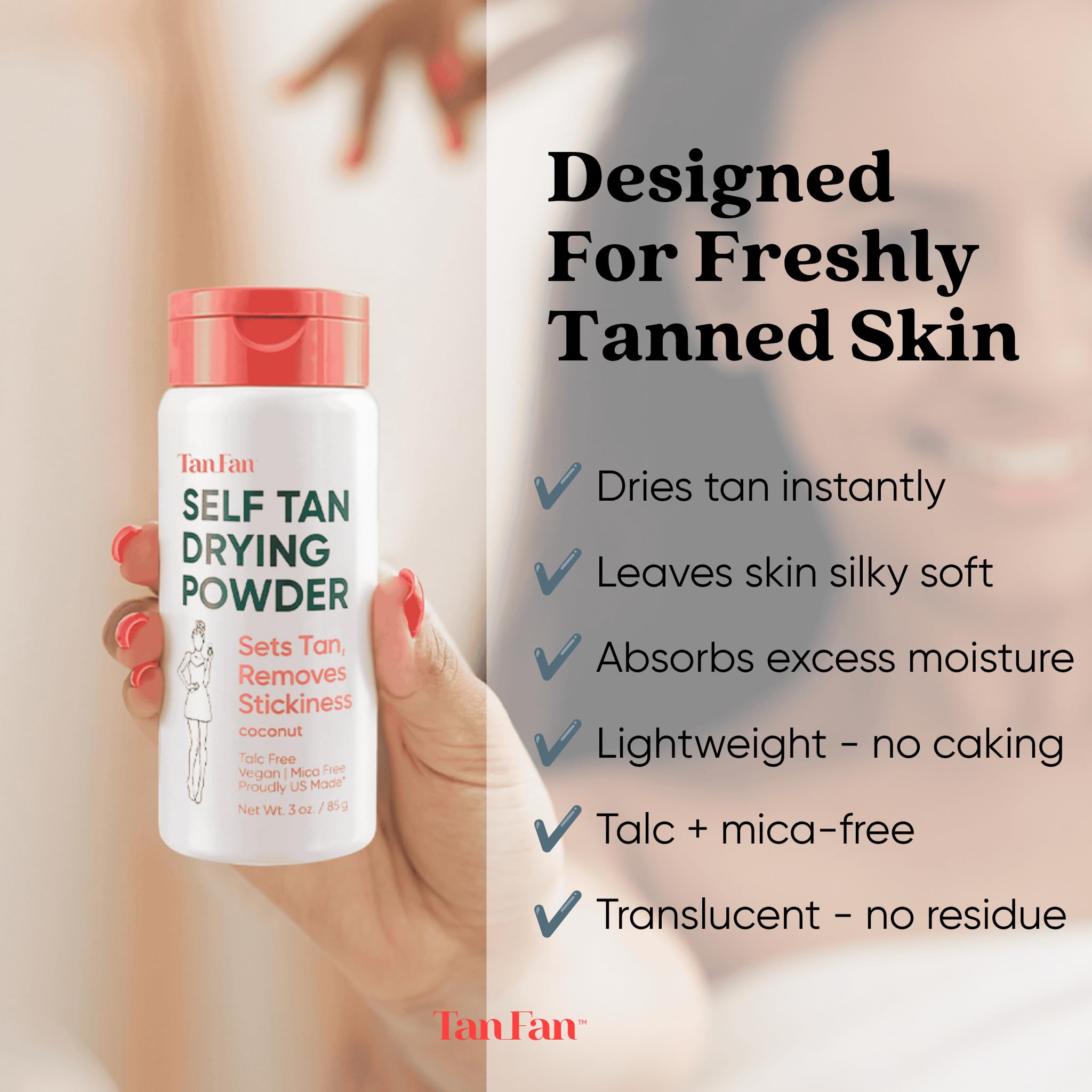 Tan Fan powder in hand ready to apply to reduce stickiness after tanning