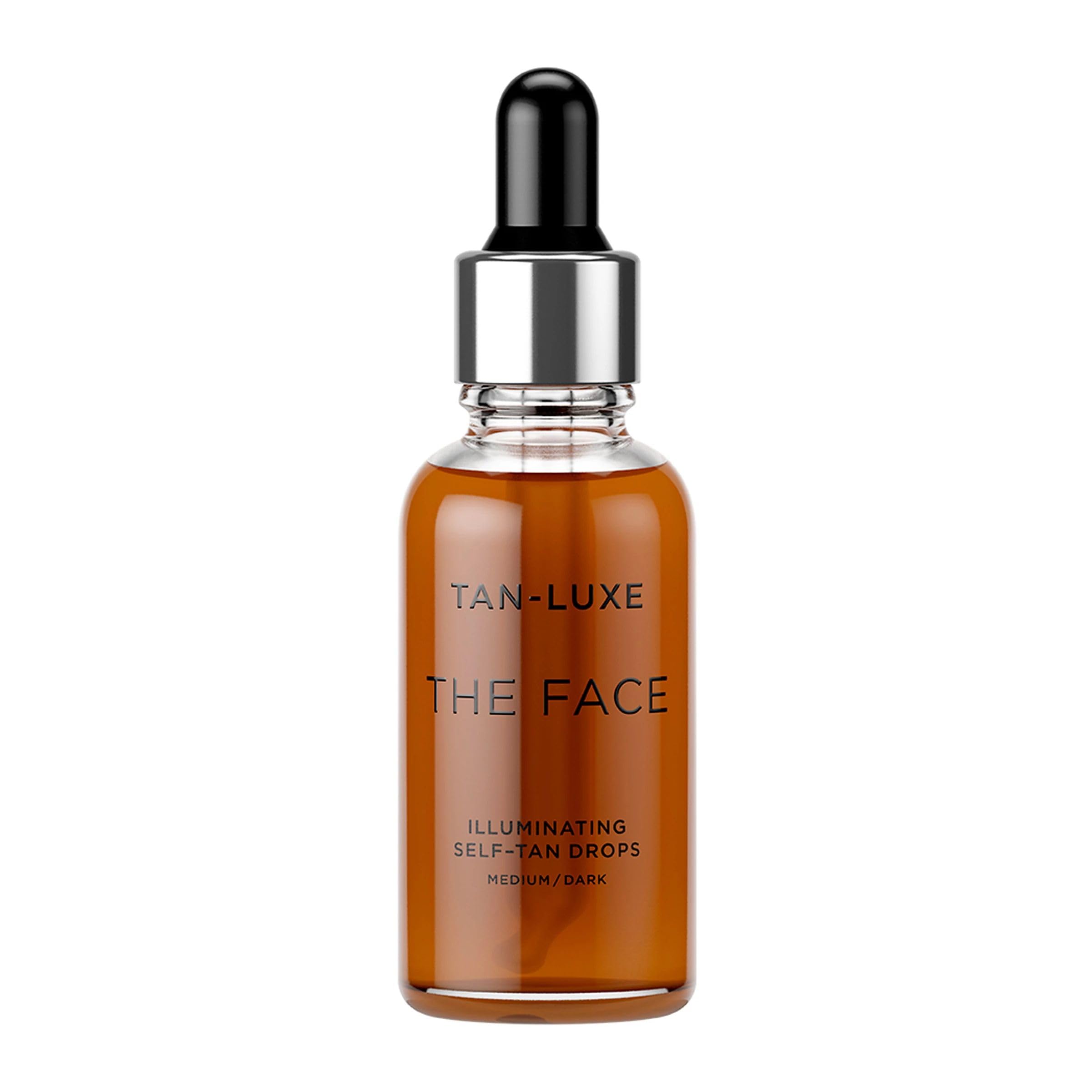TAN-LUXE front bottle view showing sleek packaging and face tanner benefit