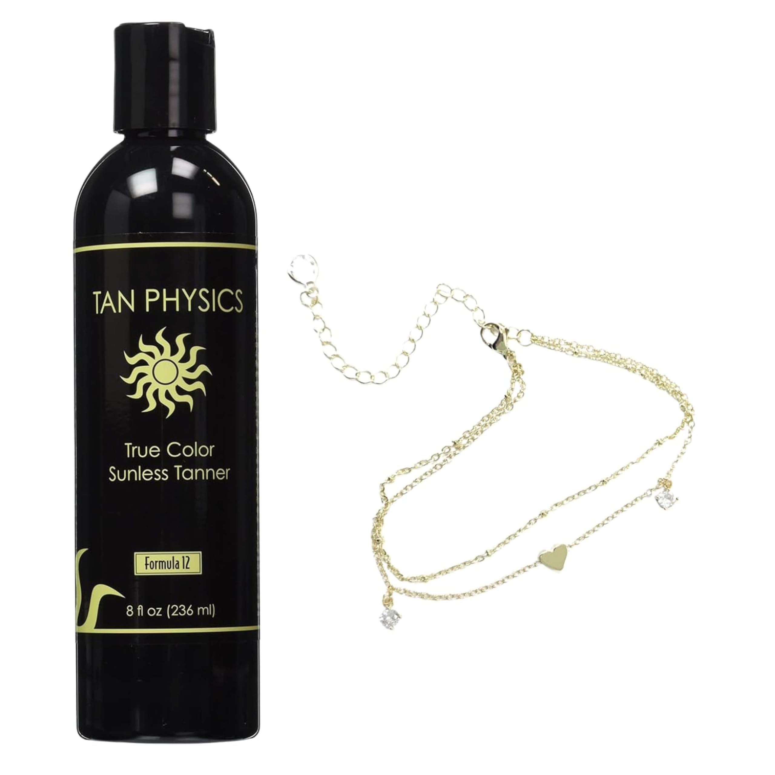Tan Physics front packaging showing bottle and anklet, highlights easy travel use