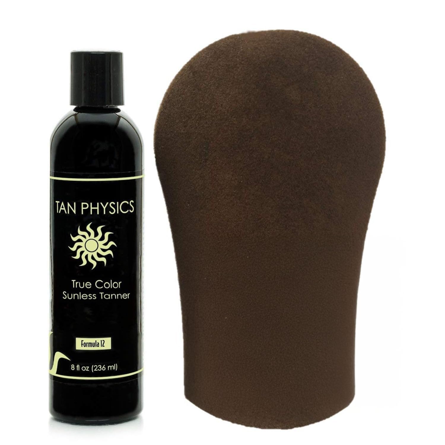 Tan Physics front packaging showing 8oz bottle and label for clear product ID and trust