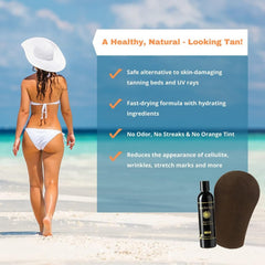 Tan Physics microfiber tanning mitt and exfoliation gloves displayed for streak-free application