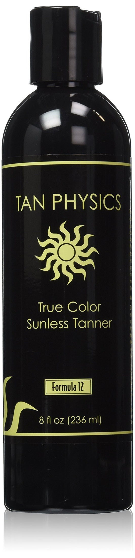 Tan Physics bottle front view showing label and natural tan benefit