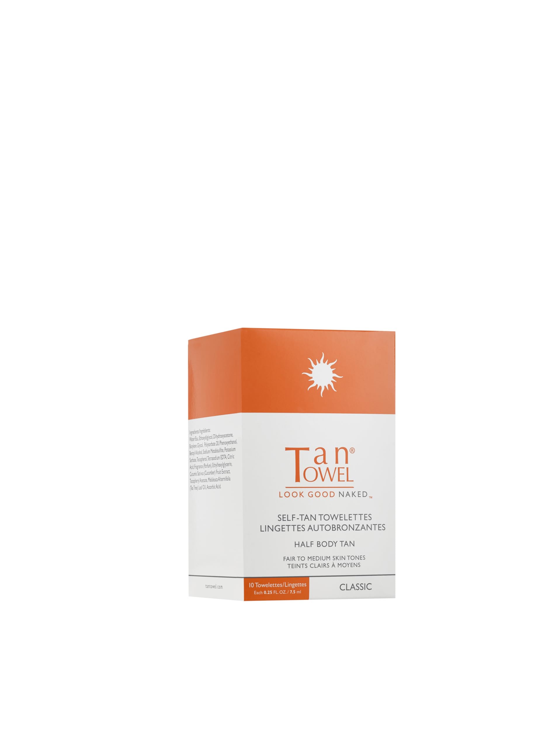 Tan Towel front packaging showing 10-count pouch and easy travel benefit