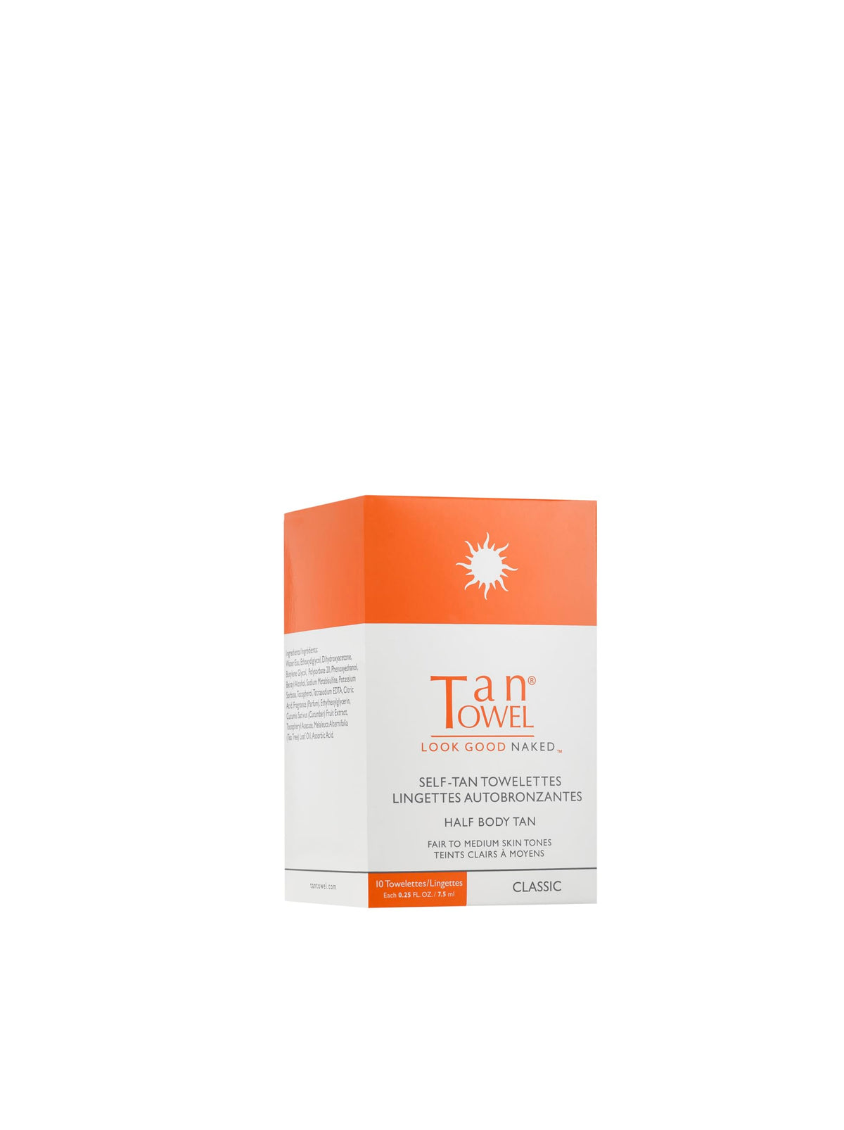 Tan Towel front packaging showing 10-count pouch and easy travel benefit