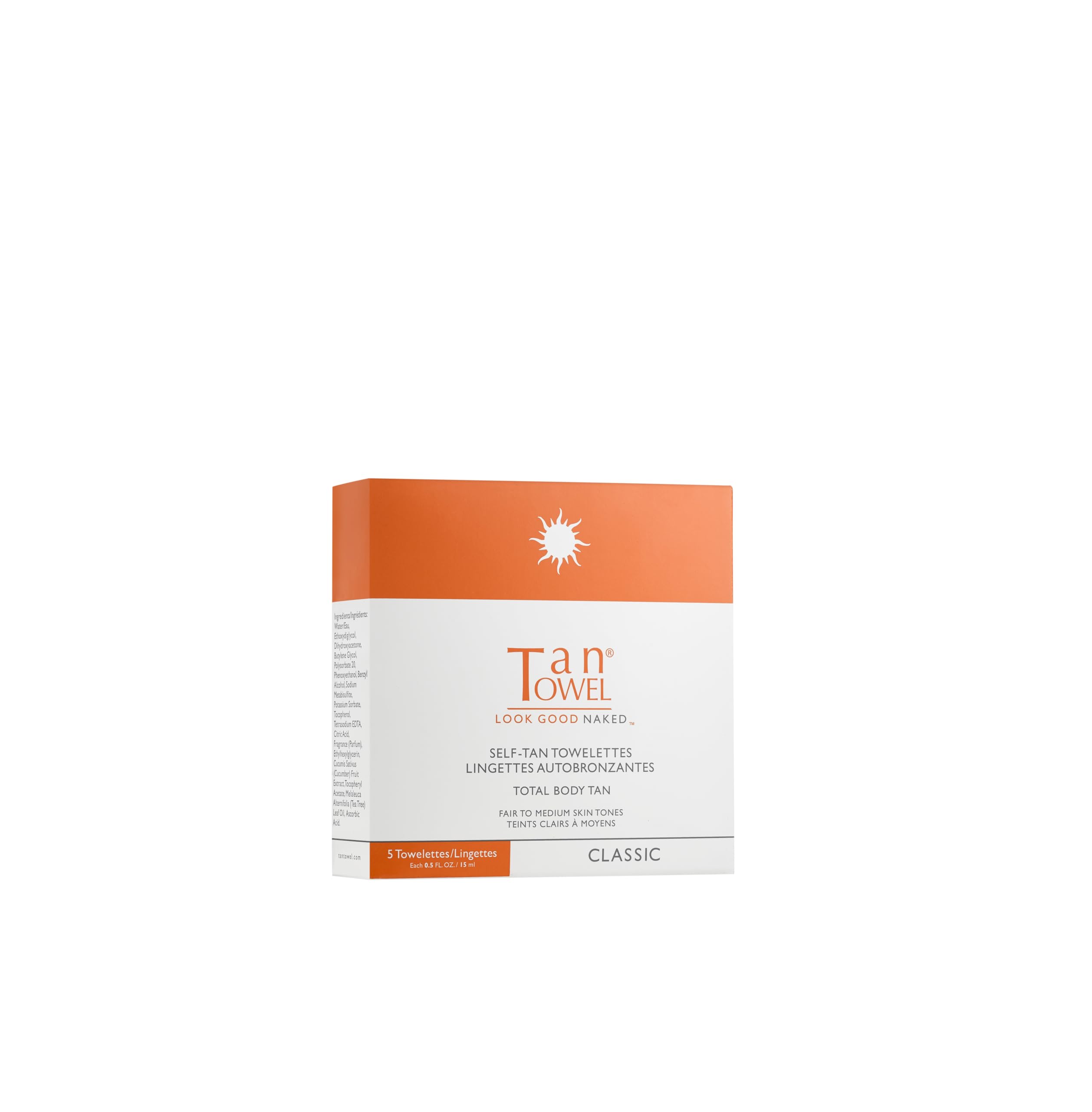 Tan Towel front packaging showing five 0.5 fl oz towelettes and clear labeling, easy travel tan