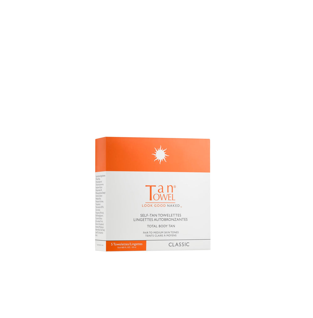 Tan Towel front packaging showing five 0.5 fl oz towelettes and clear labeling, easy travel tan