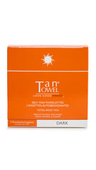 Tan Towel pack front showing five individually wrapped dark towelettes for quick tanning