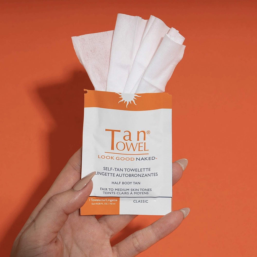 Tan Towel close-up of towelette texture highlighting even application benefit