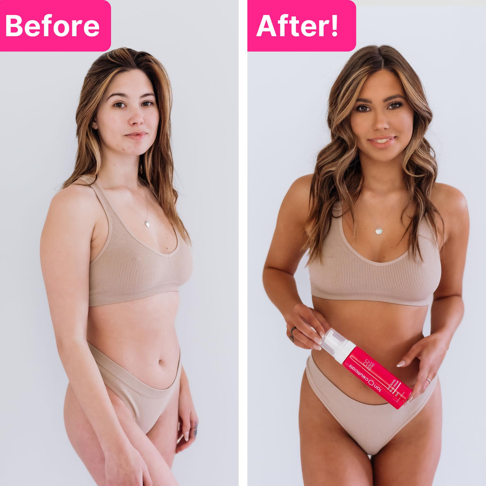 Tanceuticals application with mitt in hand illustrating streak-free blending benefit