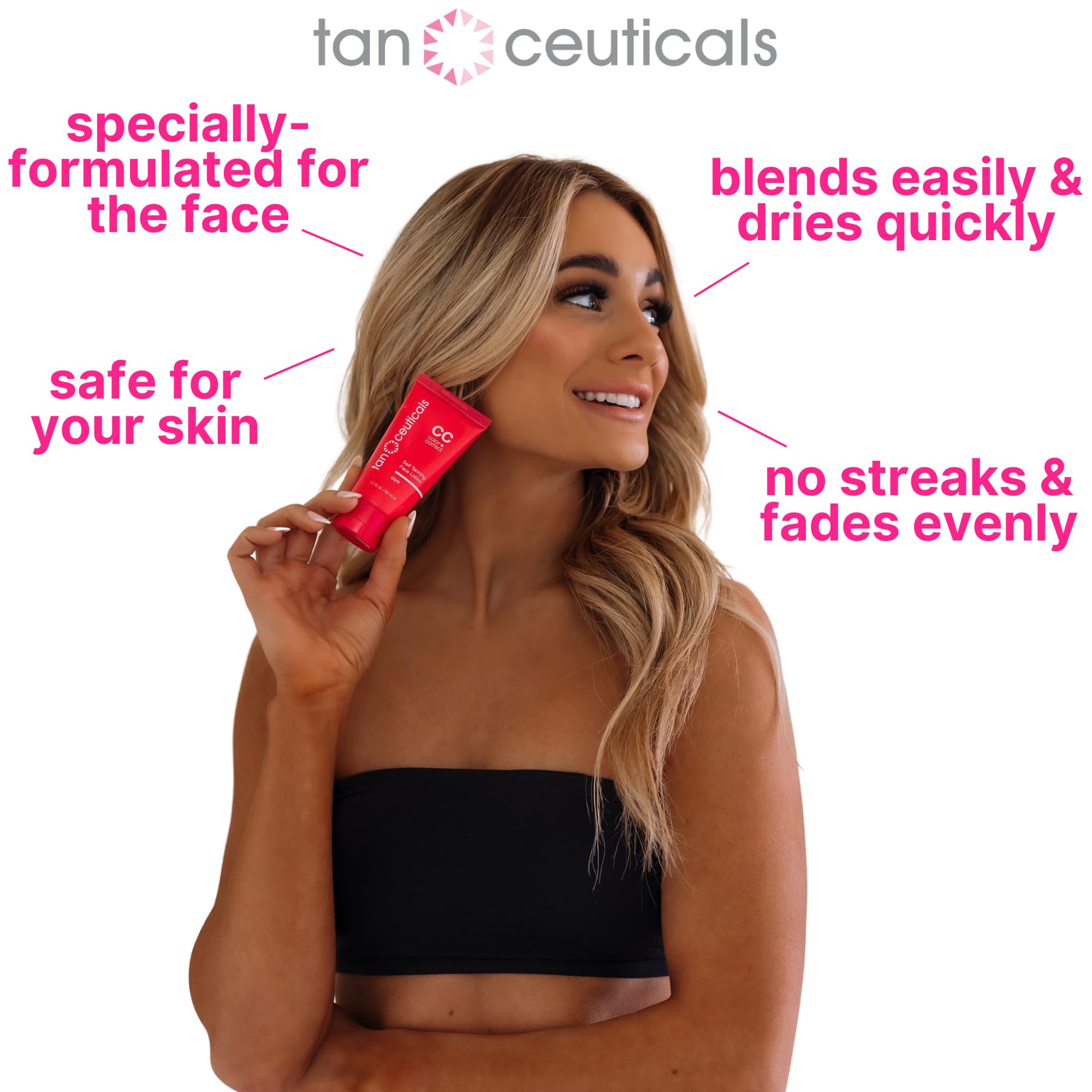 Tanceuticals tube next to hand showing 1.7 oz size for portability and touch-ups