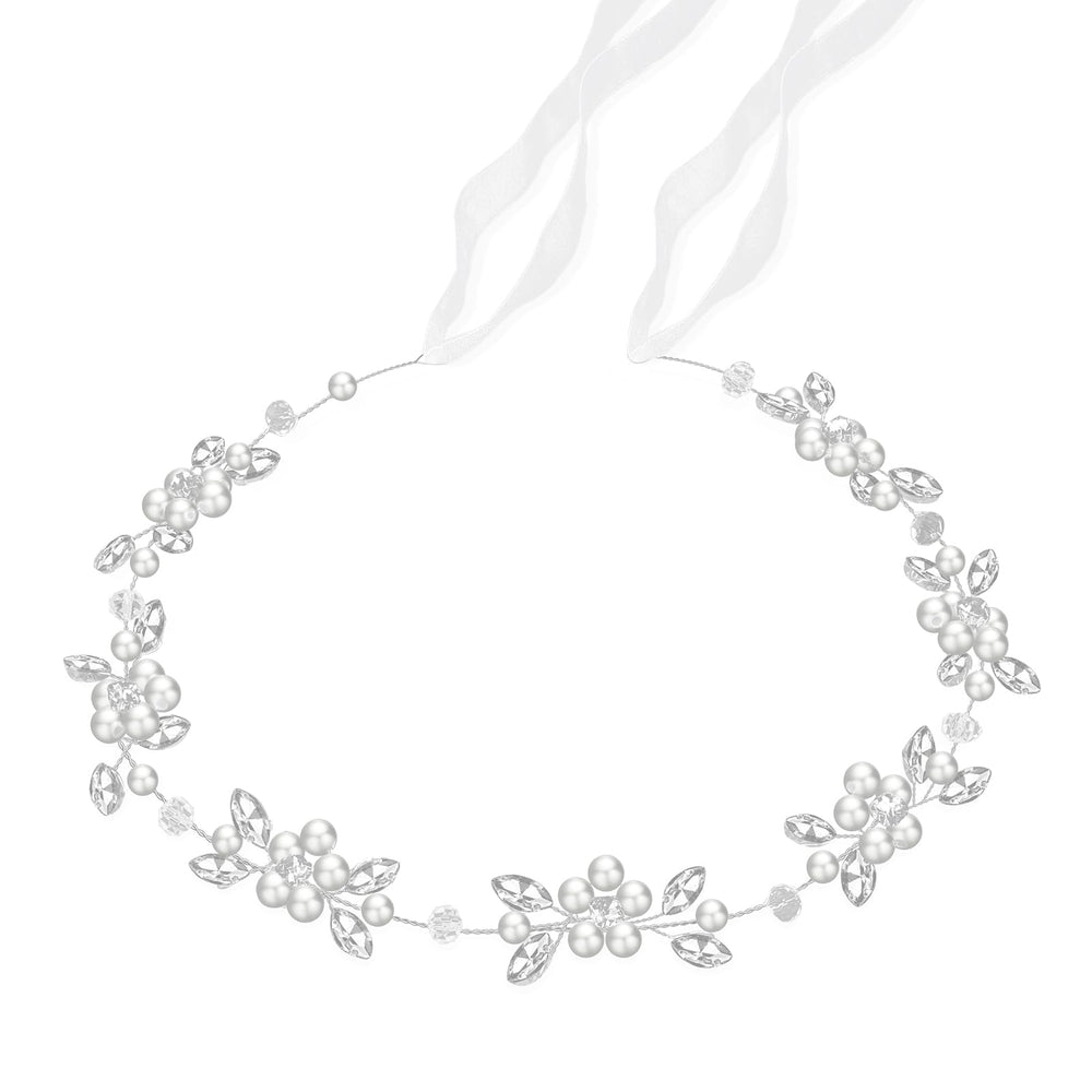 Tanfeine front view headband showing pearl flowers and sparkle benefit elegance