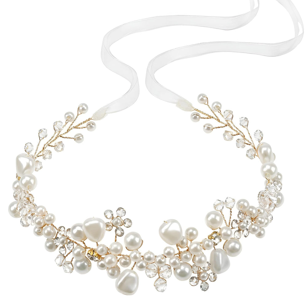 Tanfeine front view headband showing overall floral pearl design and sparkle benefits