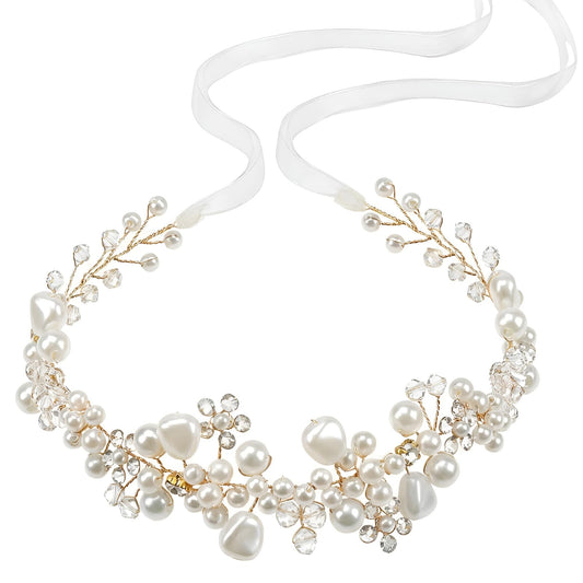 Tanfeine front view headband showing overall floral pearl design and sparkle benefits