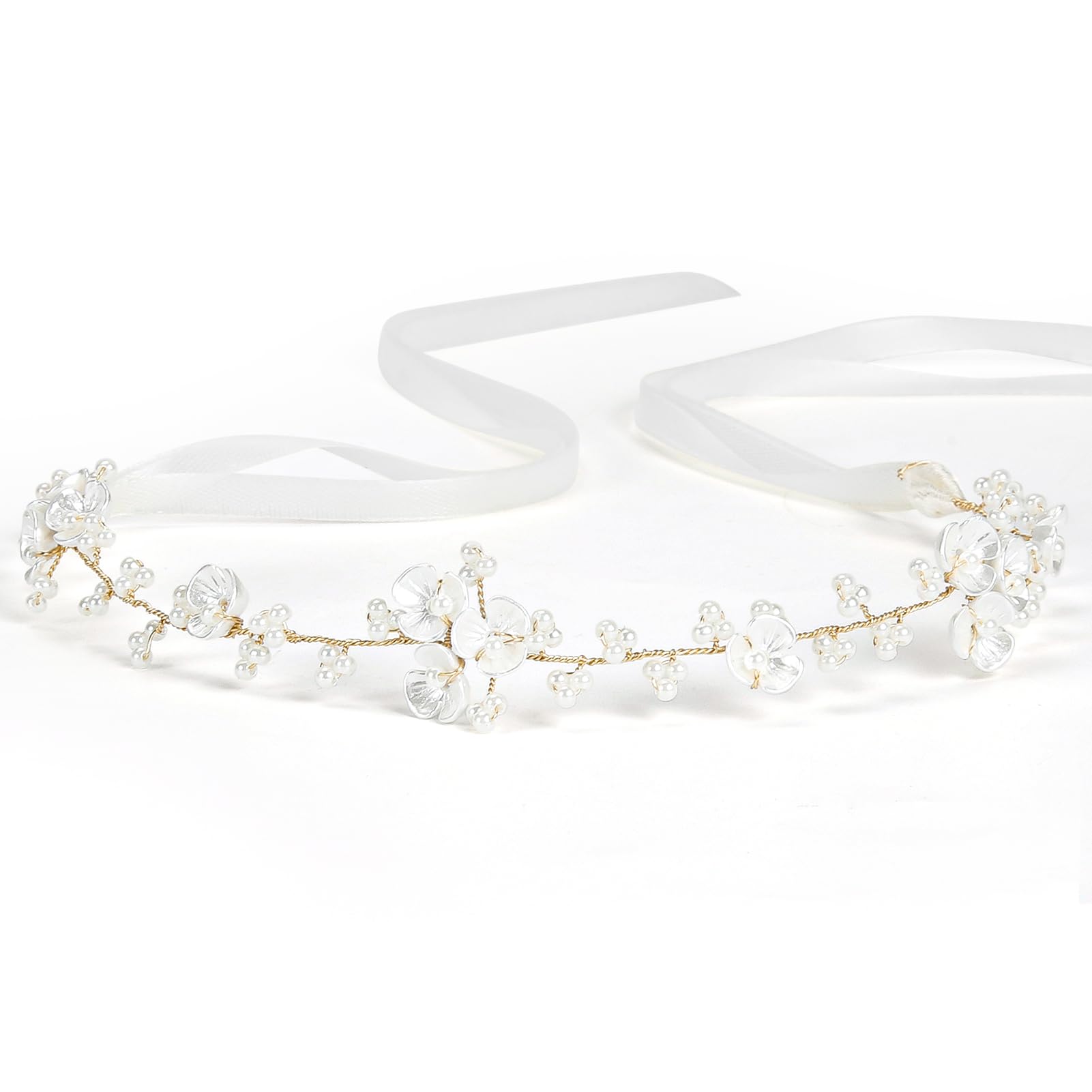 Tanfeine front view of pearl orchid headpiece for elegant event styling