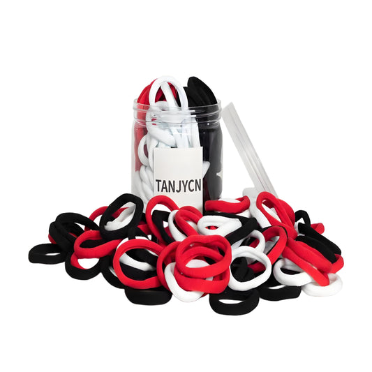 TANJYCN front packaging showing 100 hair ties and box for easy storage