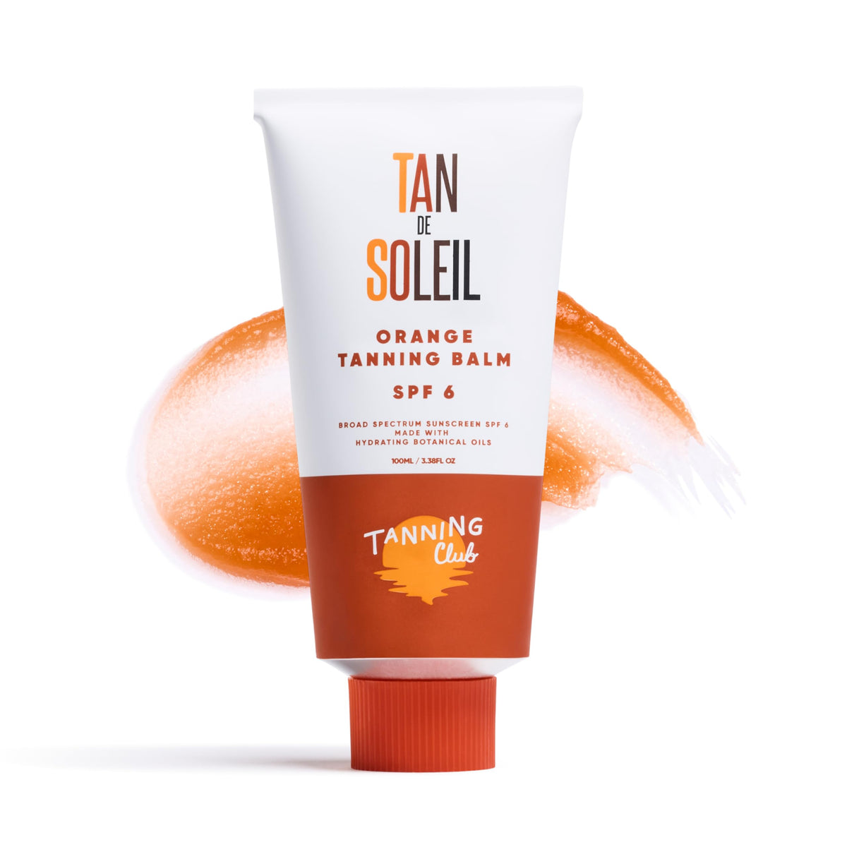 Tanning Club front packaging showing bottle and orange gel, highlights quick absorption