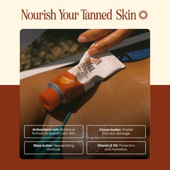 Tanning Club ingredients display with shea, cocoa and vitamin E for deep moisture