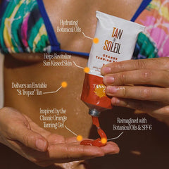 Tanning Club bottle in hand for scale showing compact 100ml travel-friendly size
