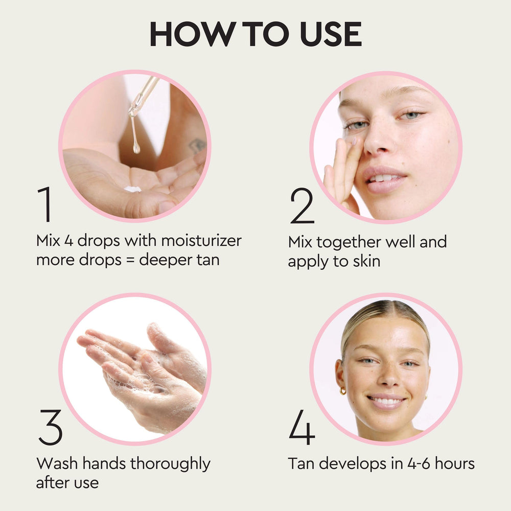 Tanologist applying drops to face with fingers, shows subtle natural-looking glow