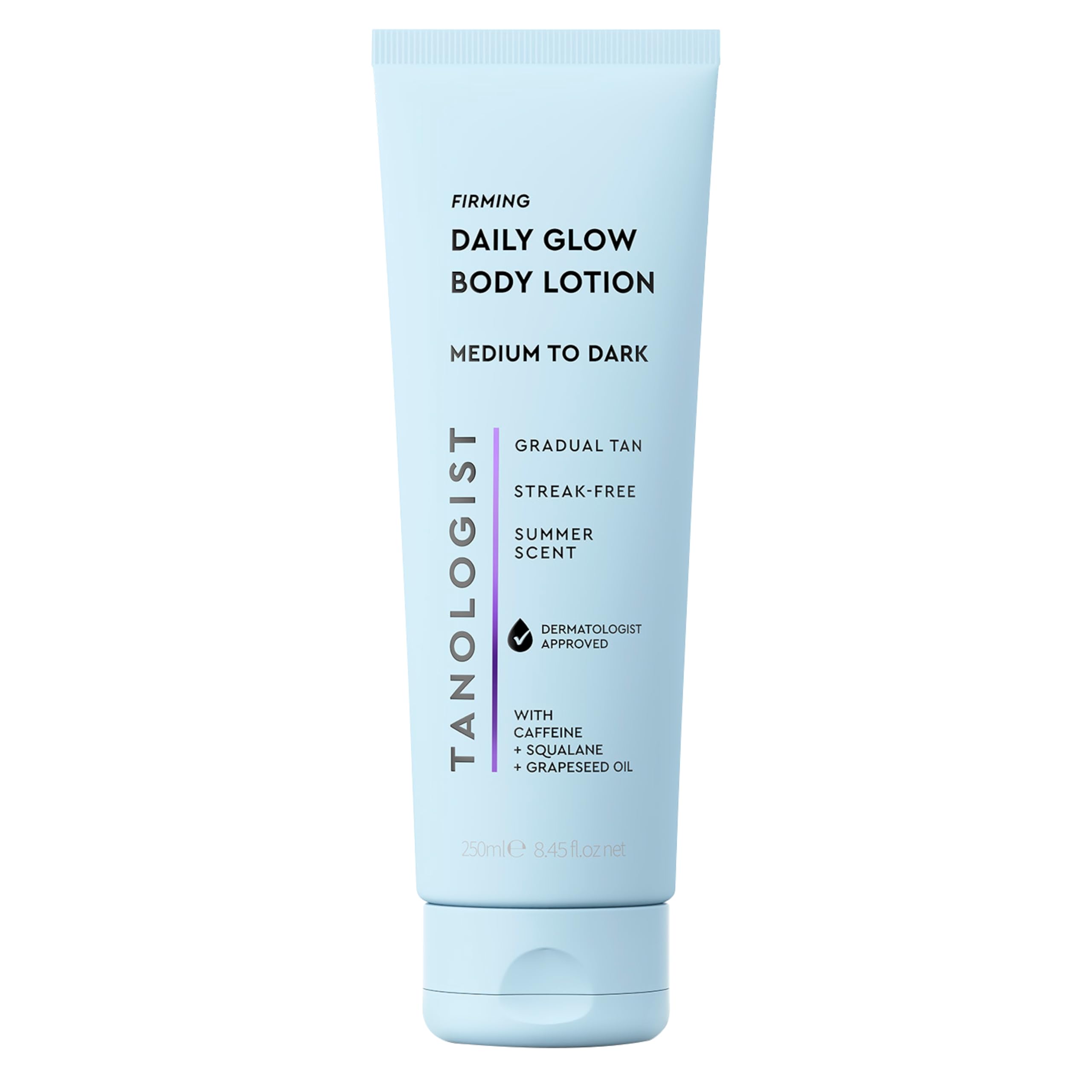Tanologist front bottle showing medium/dark shade and clear branding benefits