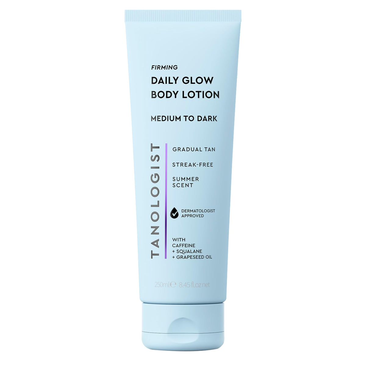Tanologist front bottle showing medium/dark shade and clear branding benefits