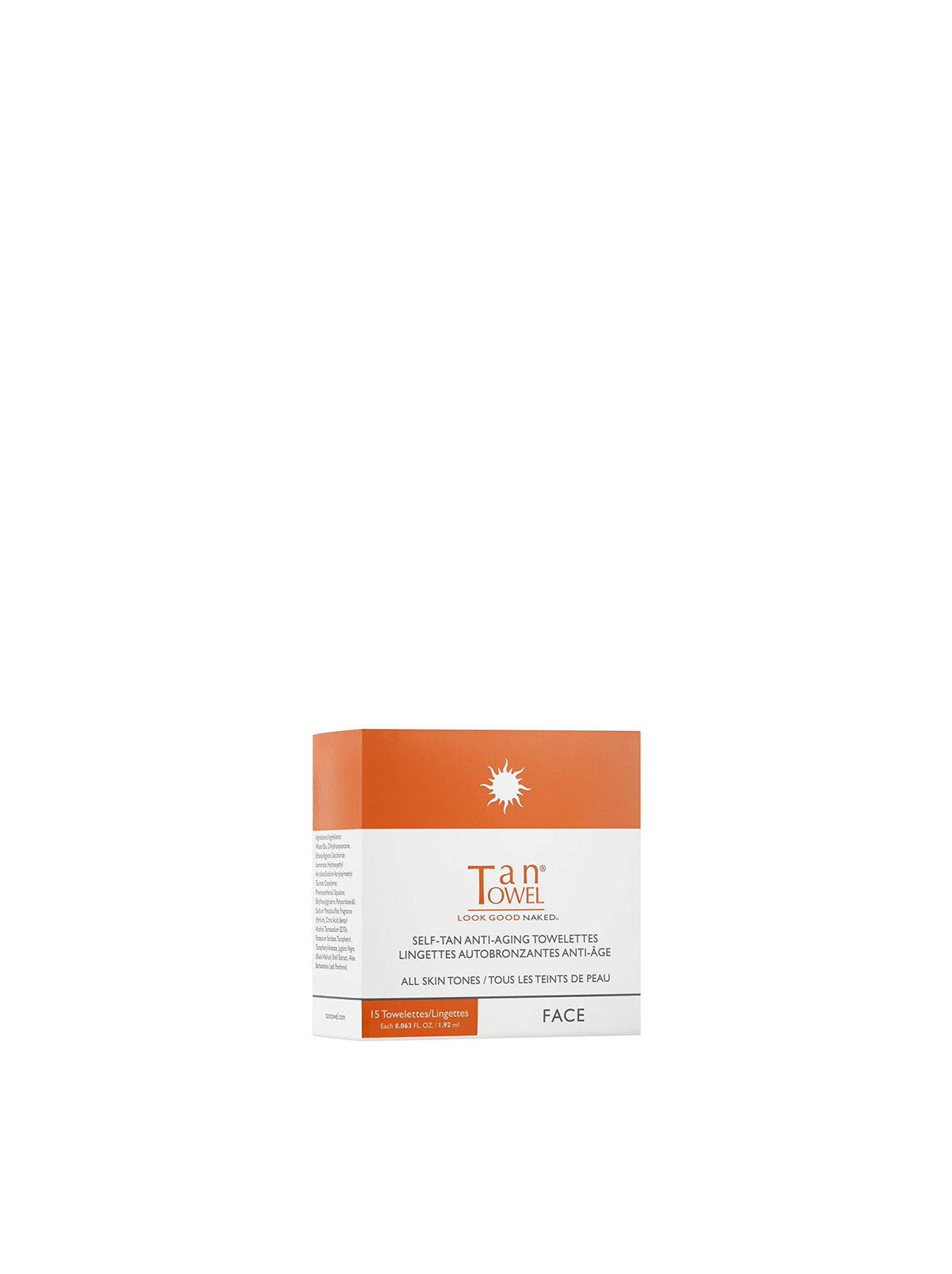 TanTowel front packaging showing 15-count face towelettes and clear benefits