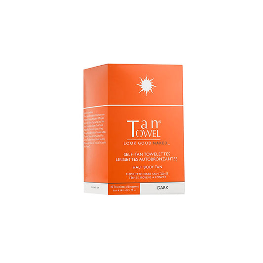 TanTowel front pack showing compact, travel-ready self-tanning towelettes