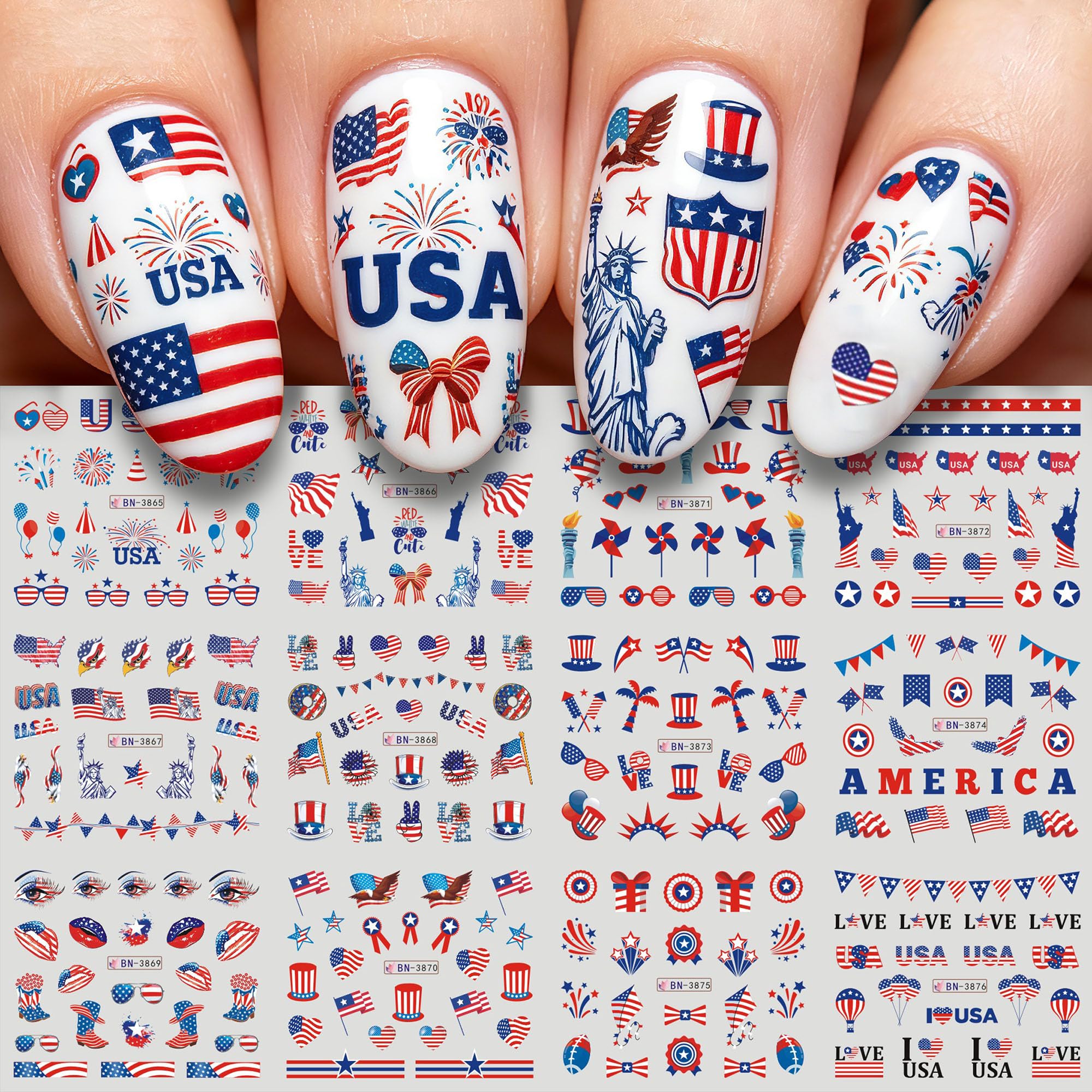 TANYOOTO sheet front view showing multiple patriotic decal designs and easy selection benefit