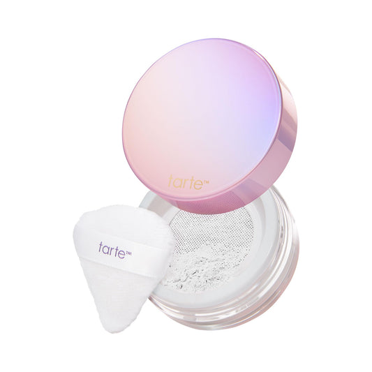 tarte creaseless setting powder front jar showing clean packaging and brand benefit