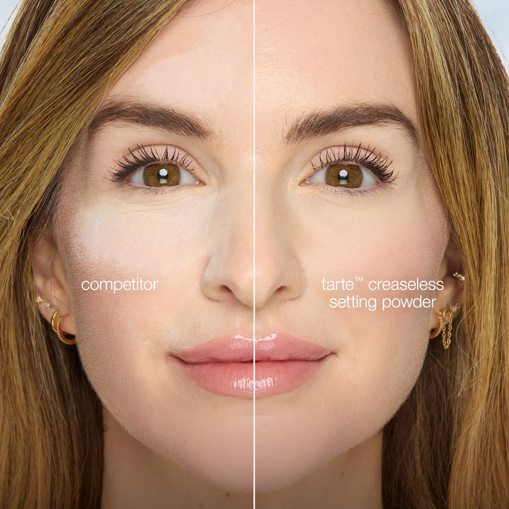 tarte applying powder under eye to prevent creasing and brighten