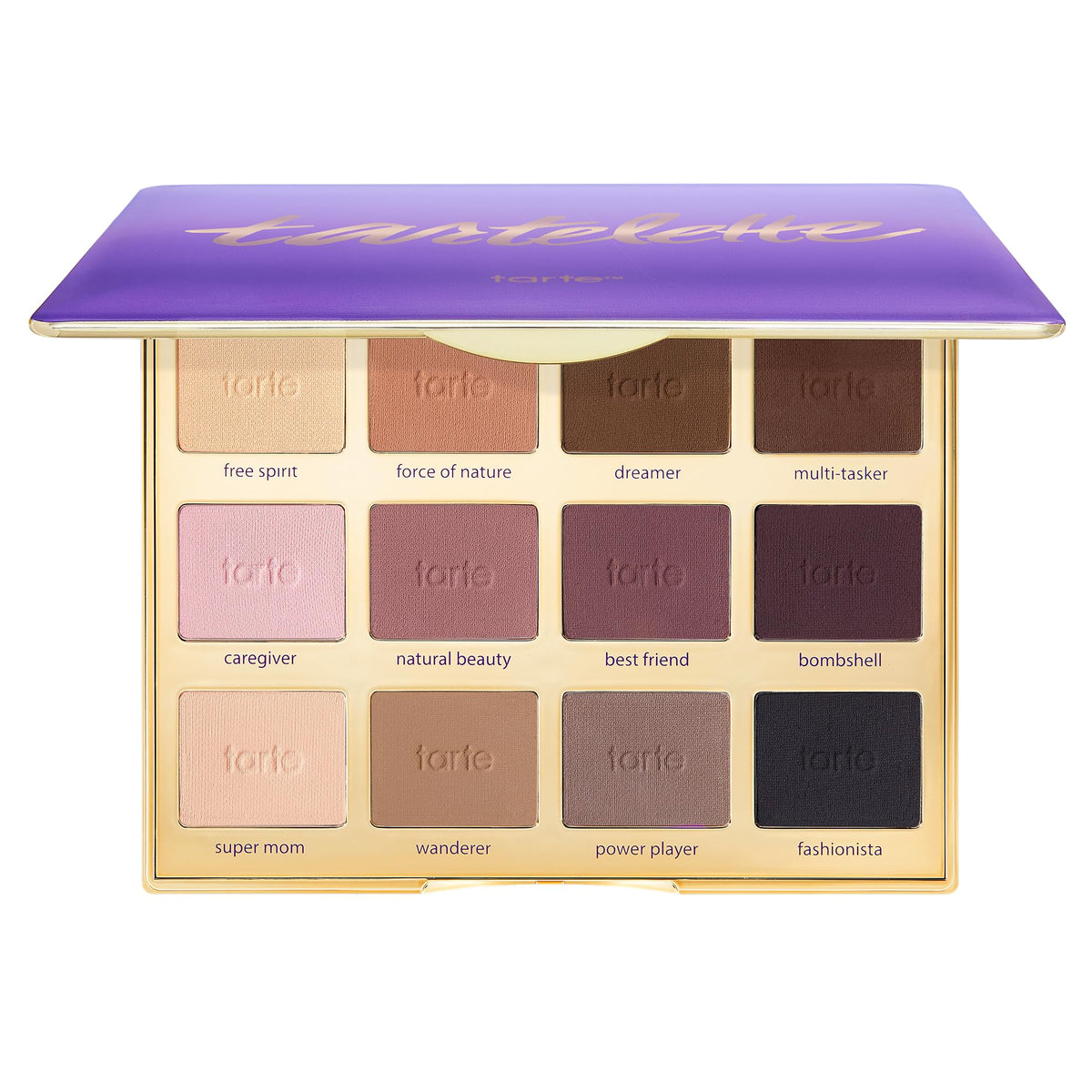 tarte front palette showing 12 cool-toned mattes and compact packaging benefit portability