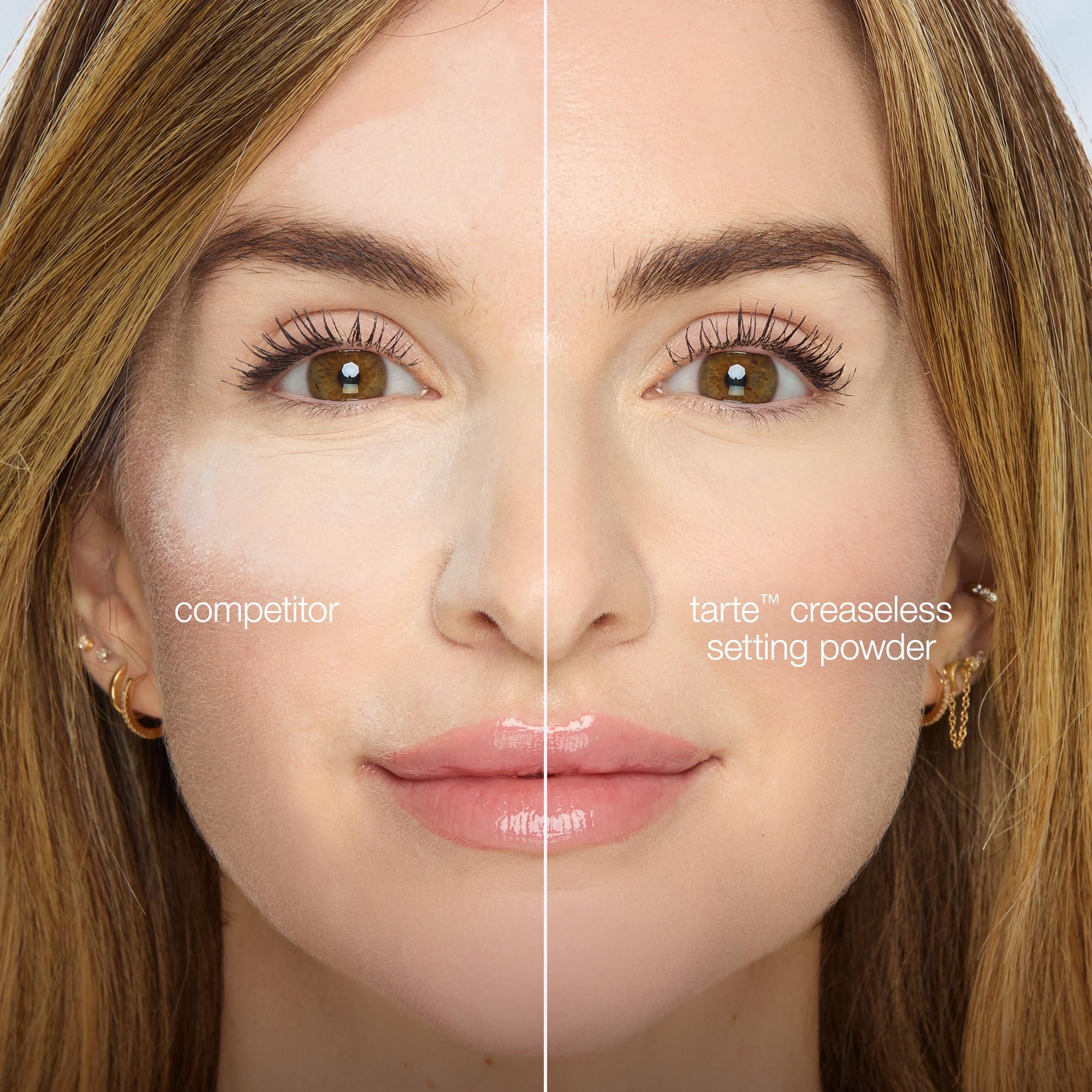tarte applying powder under eye to prevent creasing and improve finish