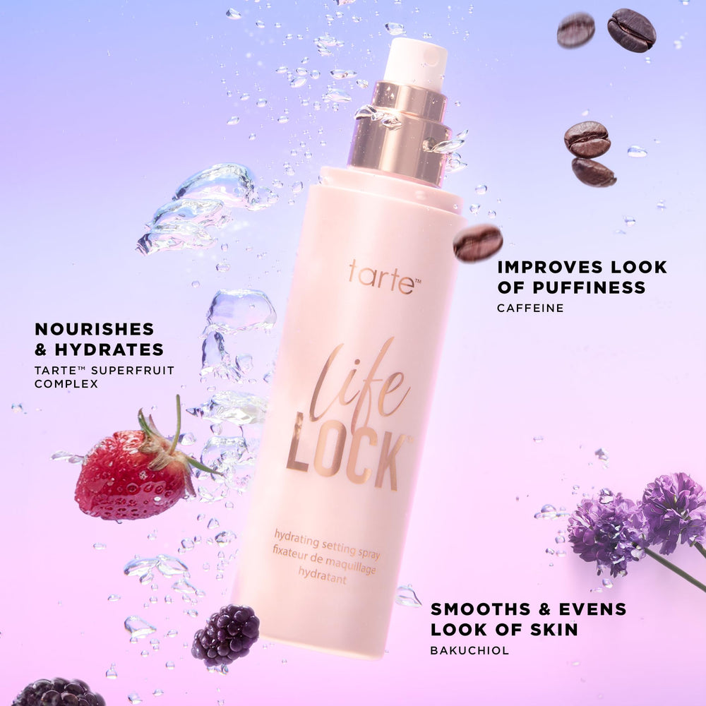 tarte life lock application on face misting over foundation for locked makeup finish