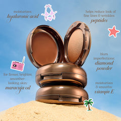 tarte bronzer with brush showing how to buff powder for diffused, sun-kissed depth