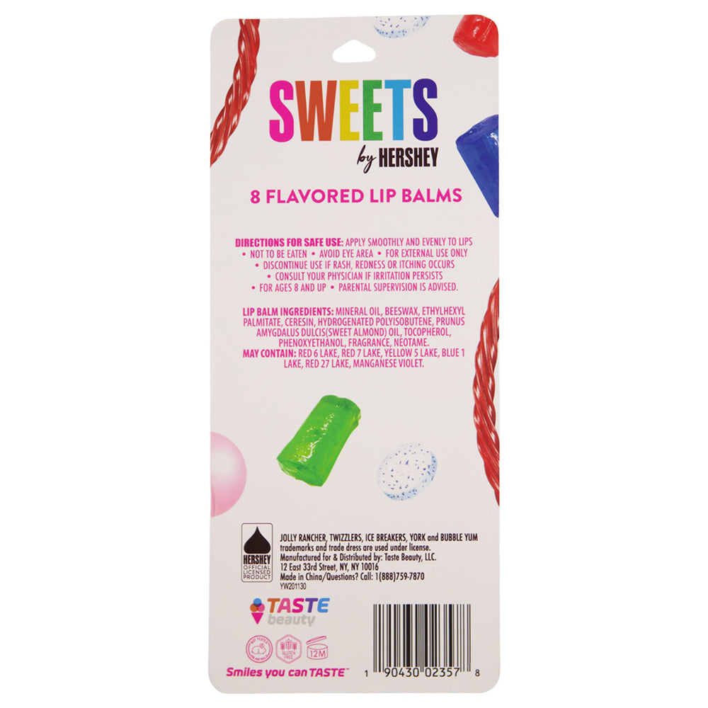 Taste Beauty Hershey lip balm in use on lips demonstrating convenient moisture and candy-inspired scent