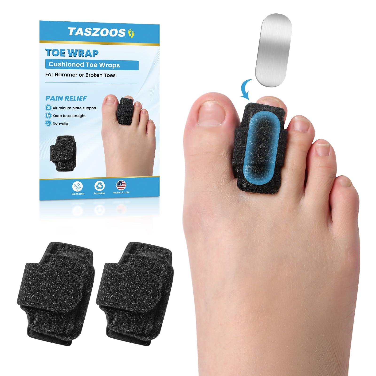 TASZOOS front packaging showing two toe straighteners and product branding for clarity