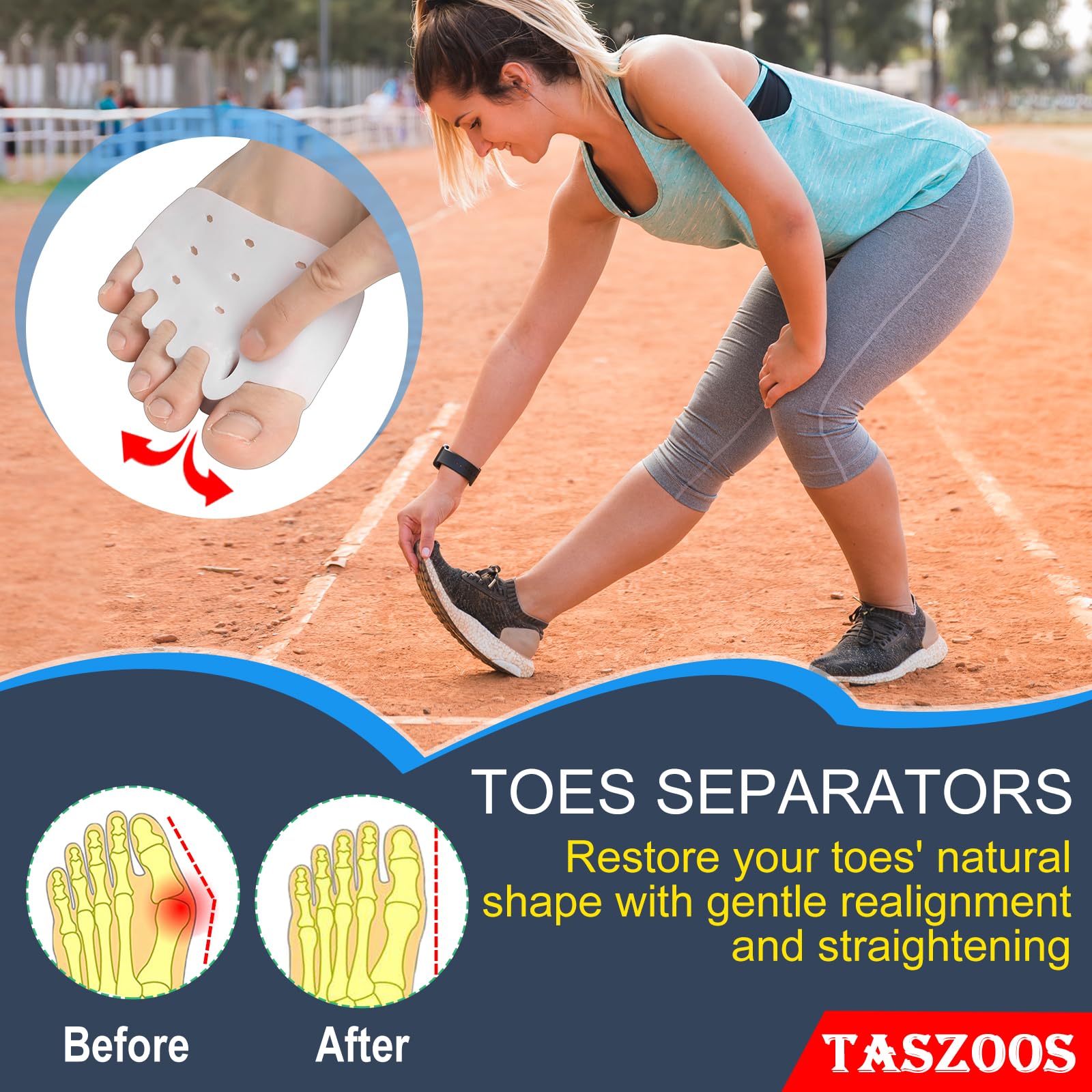 TASZOOS toe loop fitted on a bare foot improving toe alignment