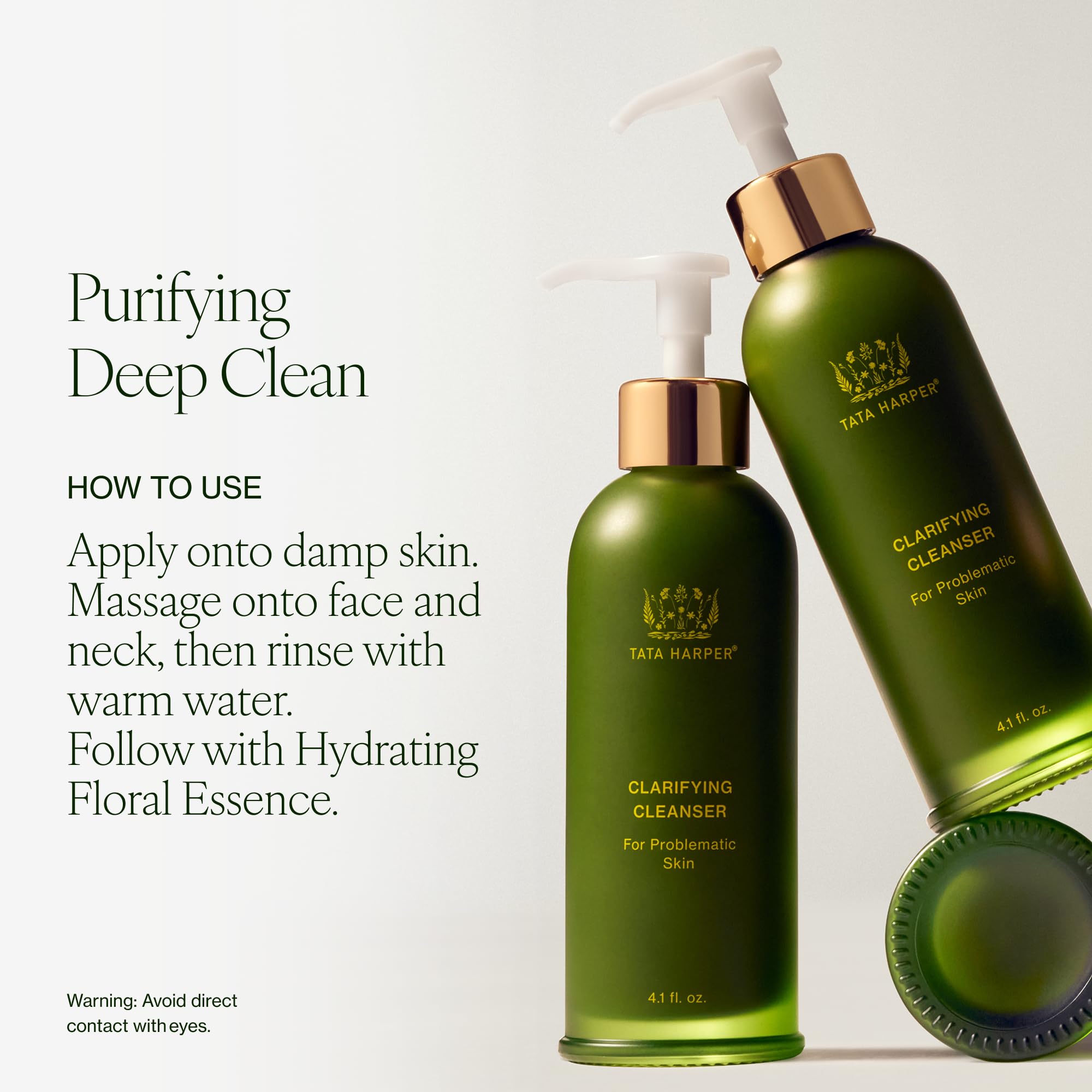 Model applying Tata Harper cleanser to face, showing practical in-use benefit