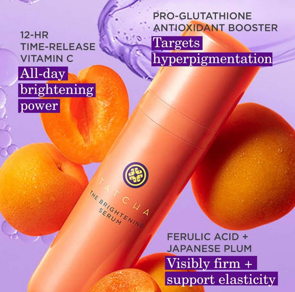 TATCHA Brightening Serum label detail highlighting ingredients and treatment purpose