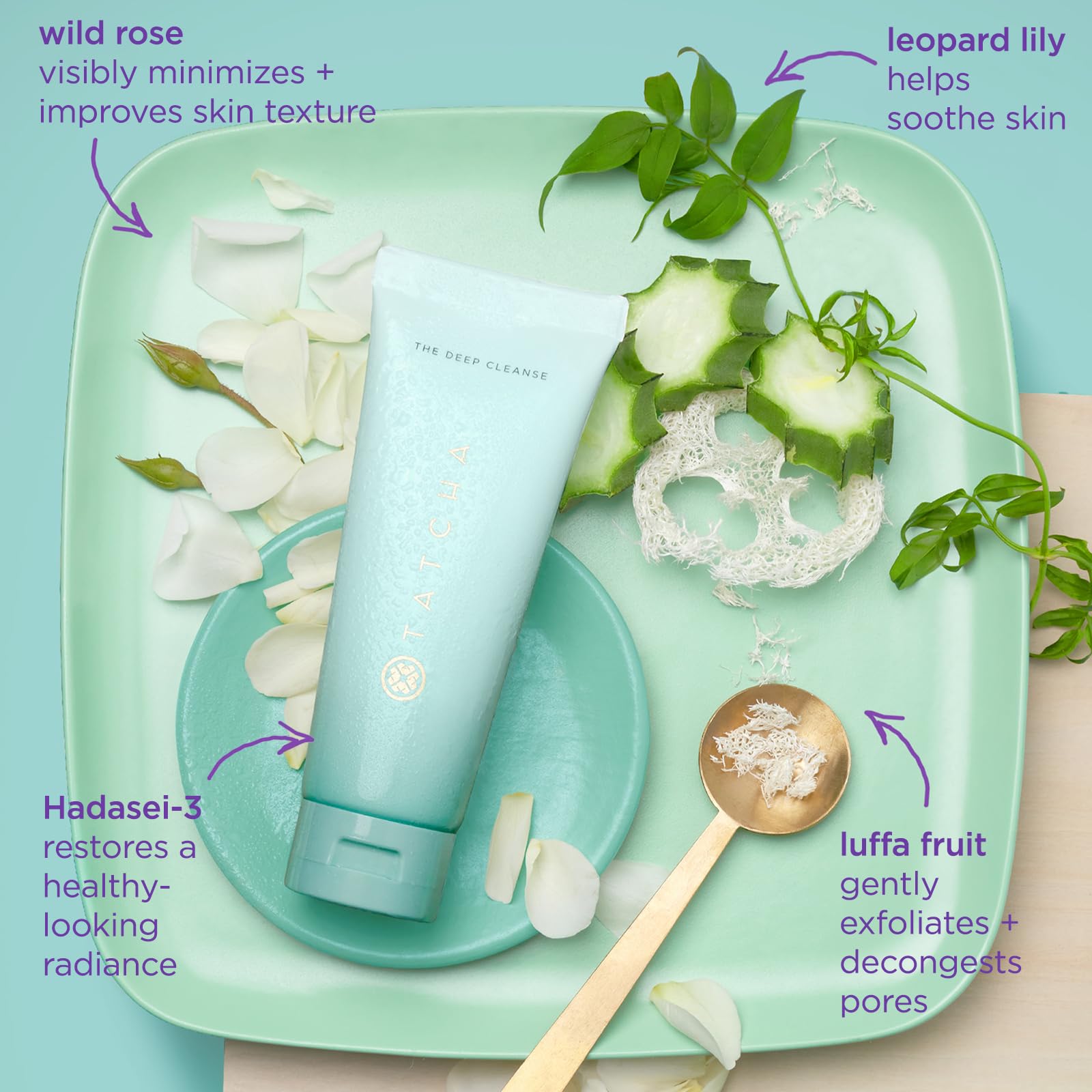 TATCHA bottle staged on vanity with skincare allies for routine-ready convenience