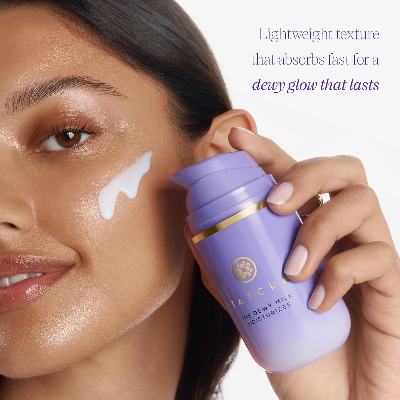 TATCHA dewy milk texture close-up highlighting lightweight, dewy hydration feel