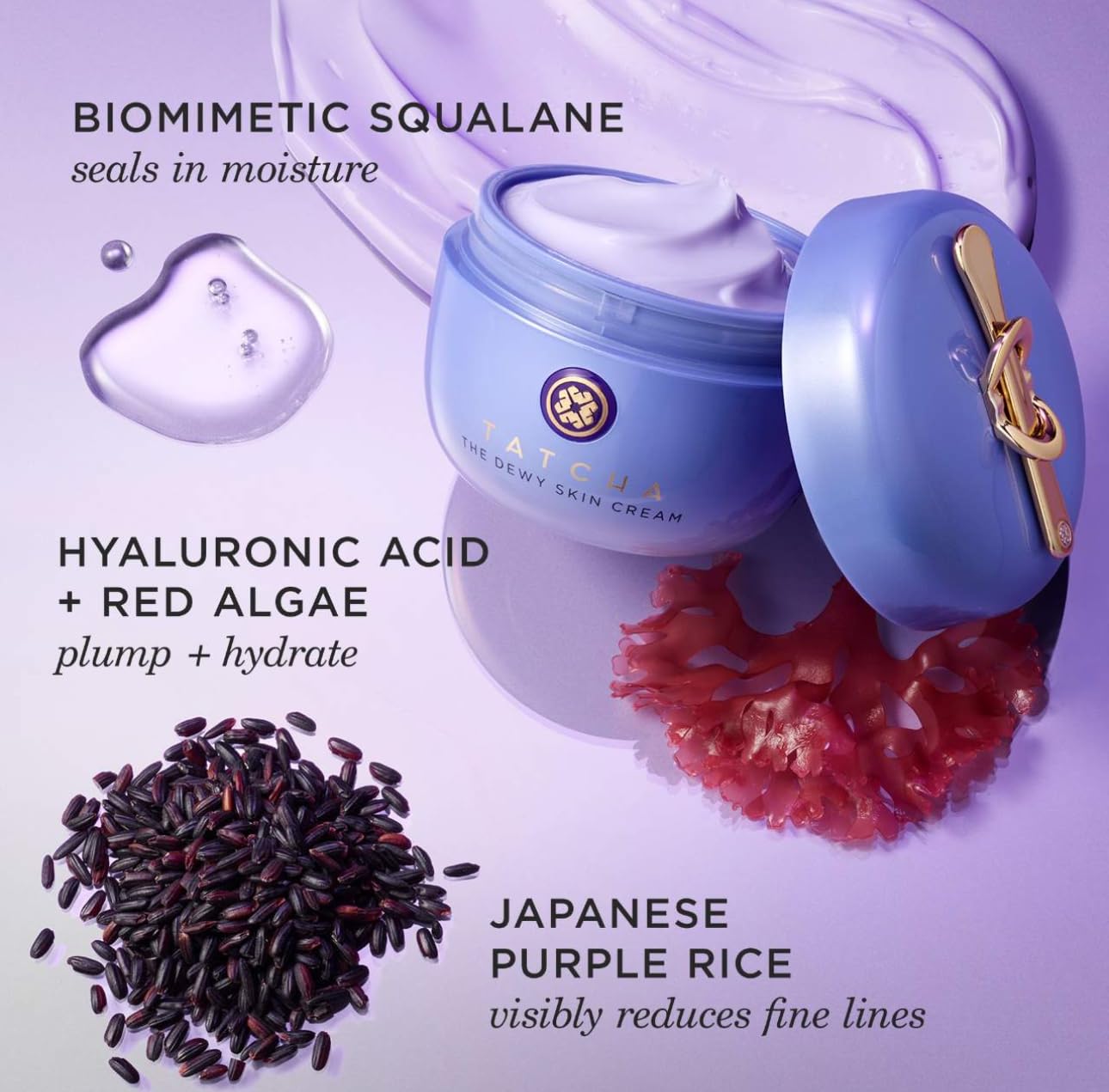 TATCHA botanical ingredients display with purple rice showcasing antioxidant support