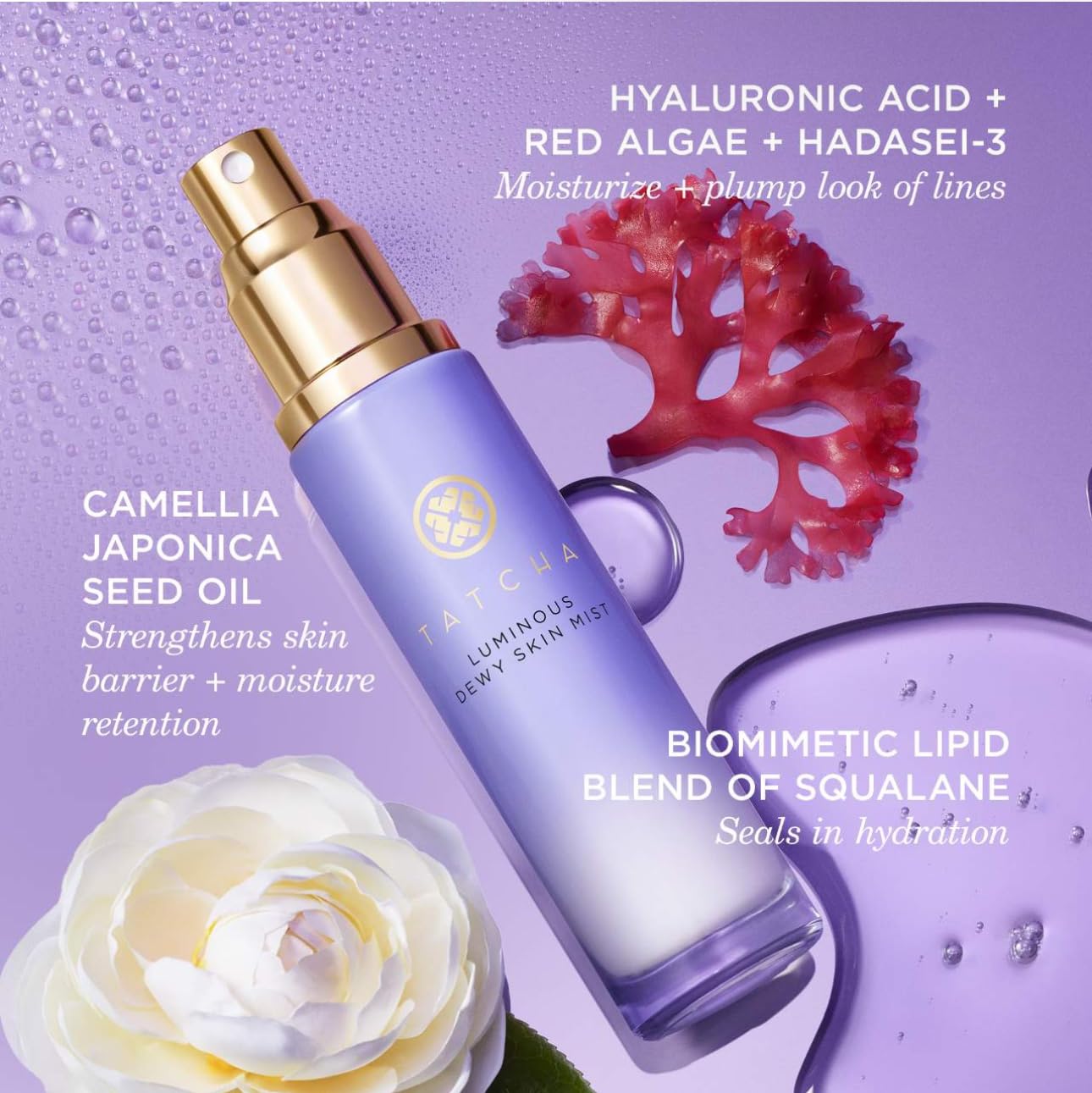Tatcha mist staged on vanity for a glowing skincare routine scene