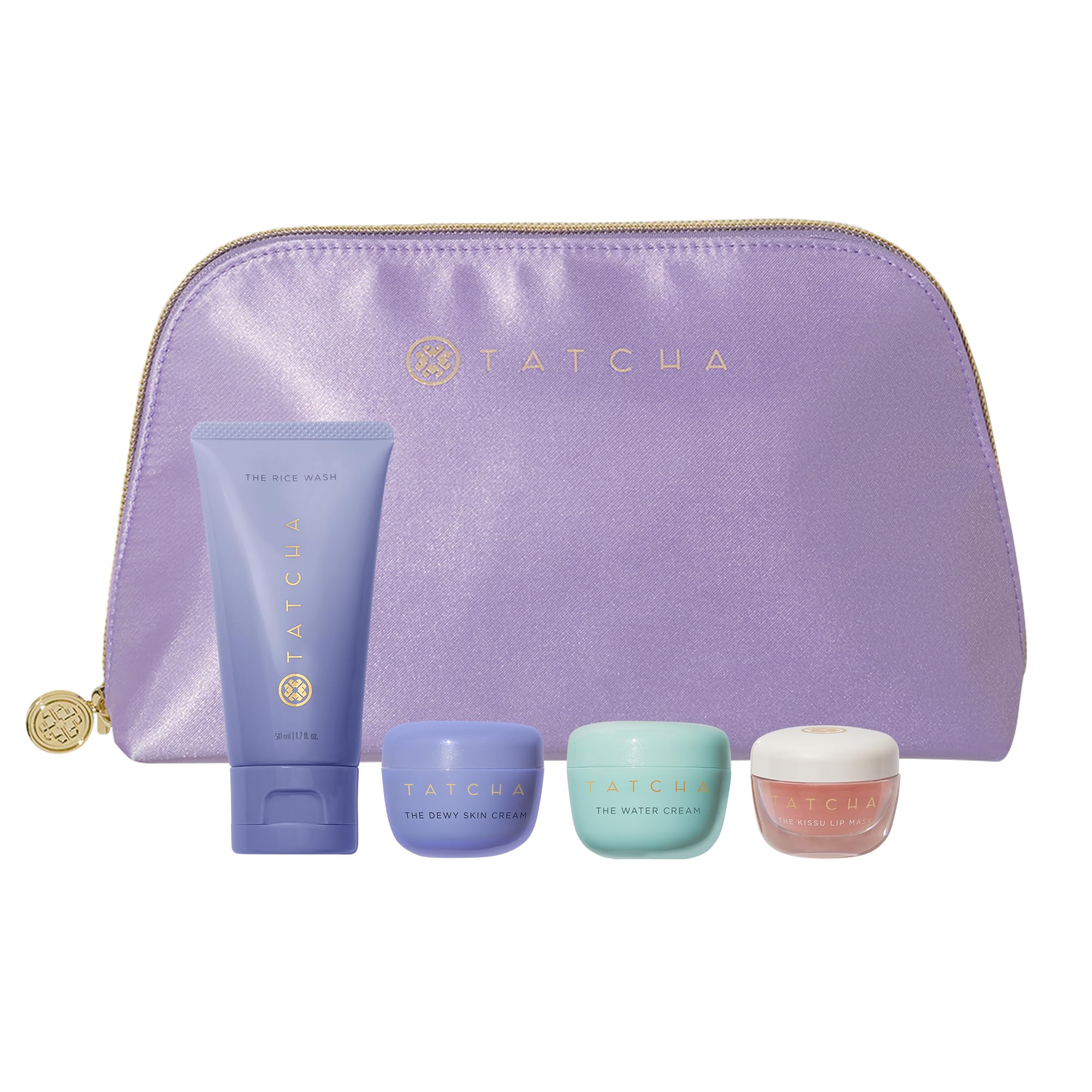 TATCHA travel pouch front view showing neat TSA-friendly kit and convenience