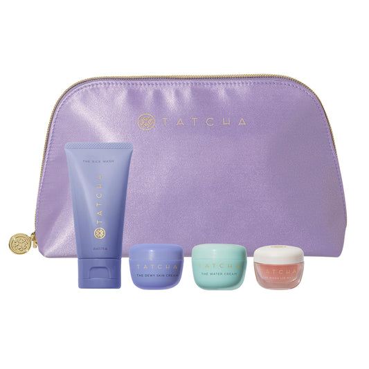 TATCHA travel pouch front view showing neat TSA-friendly kit and convenience