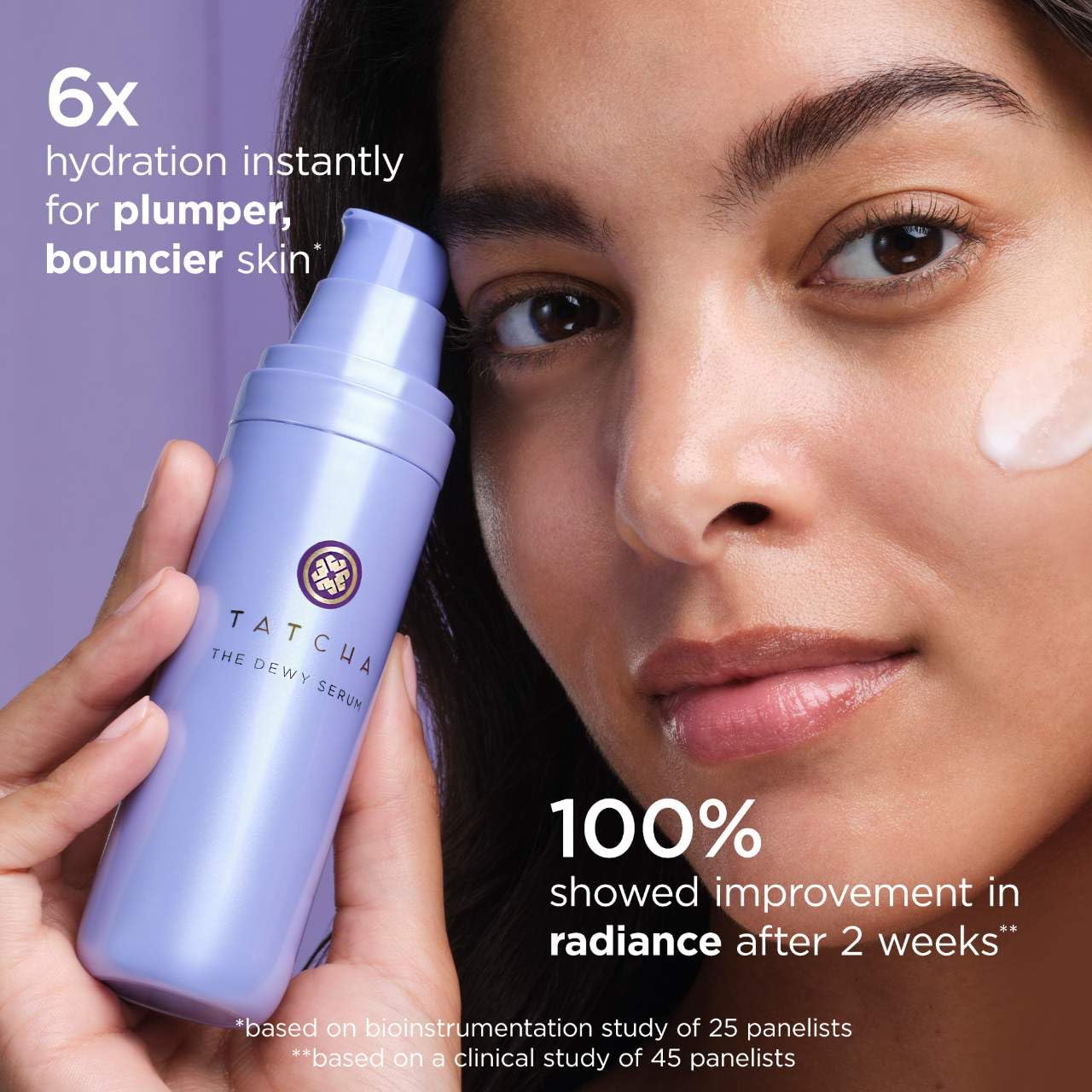 TATCHA serum being applied to skin demonstrating smooth spread and immediate plumping benefit