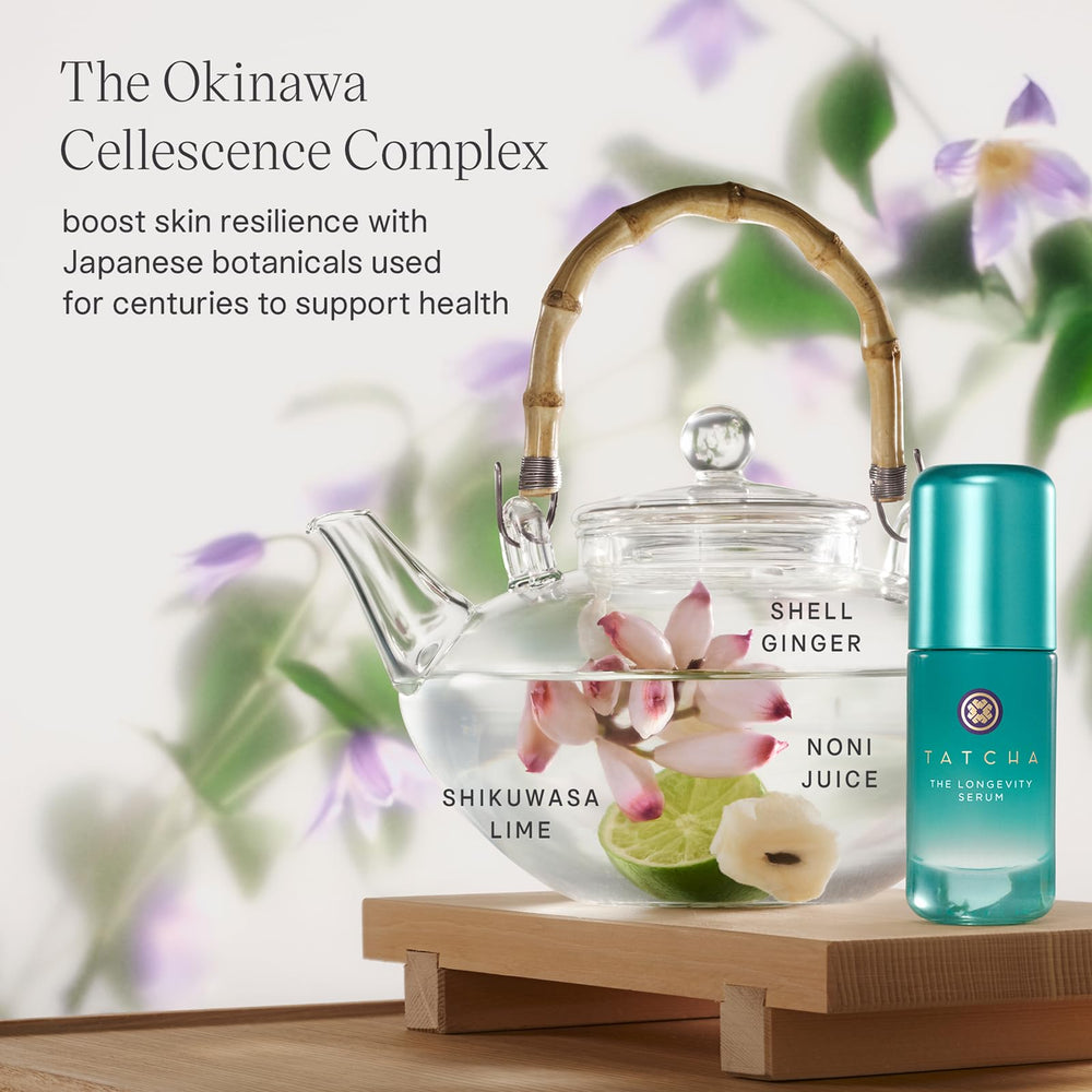 TATCHA serum on bathroom shelf in routine scene showing daily use benefit