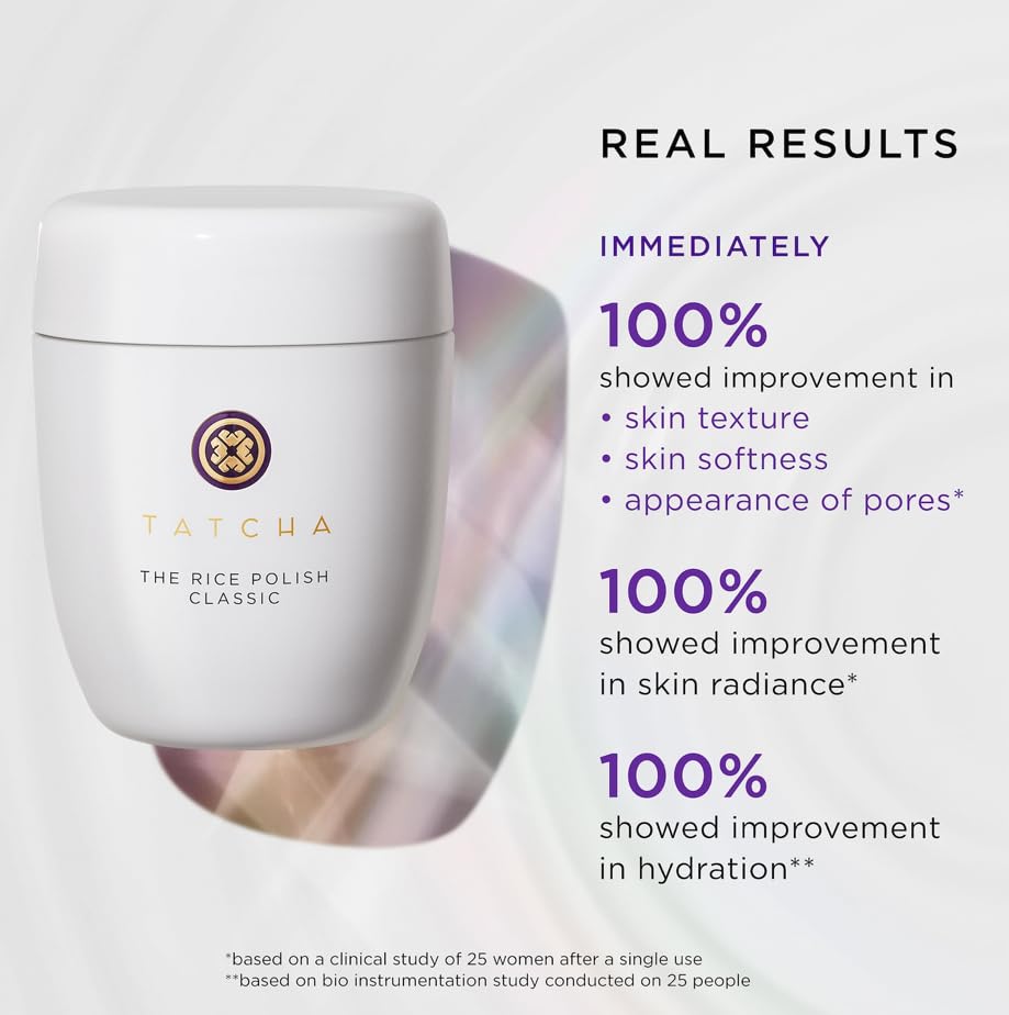 TATCHA applying exfoliant to face, illustrates gentle circular massaging benefit